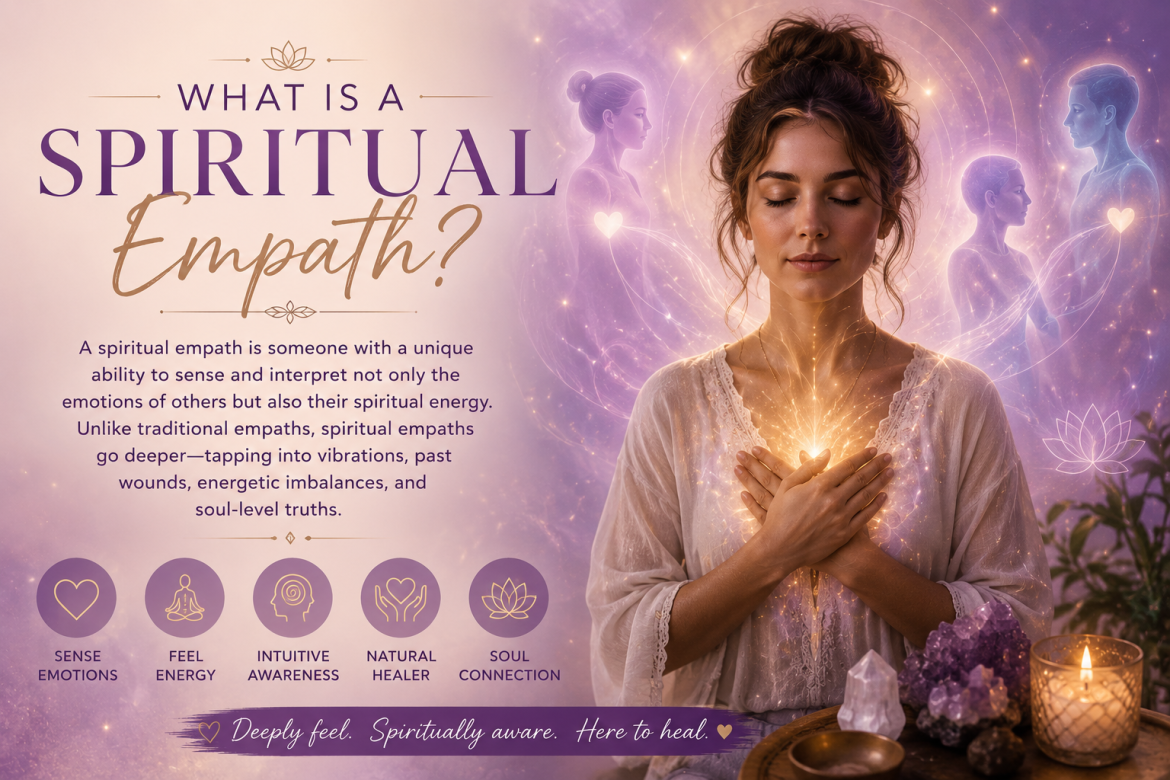Spiritual empath image showing a peaceful woman surrounded by soft purple and gold energy, symbolizing emotional sensitivity, intuitive awareness, and the ability to sense spiritual energy.