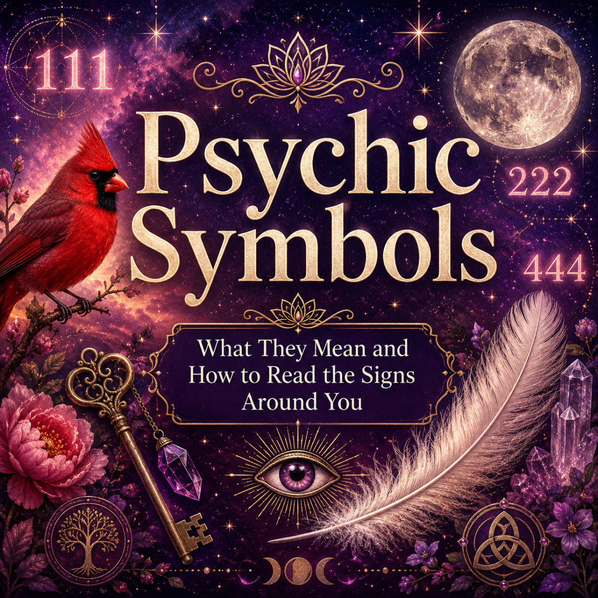 Psychic symbols including a cardinal, feather, moon, repeating numbers, key, crystals, and spiritual eye.
