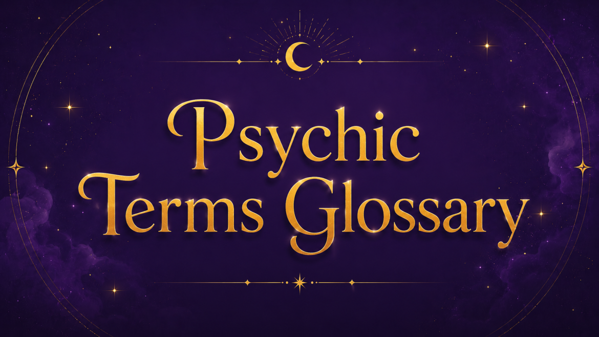 Violet and yellow mystical banner with elegant gold lettering reading “Psychic Terms Glossary.”