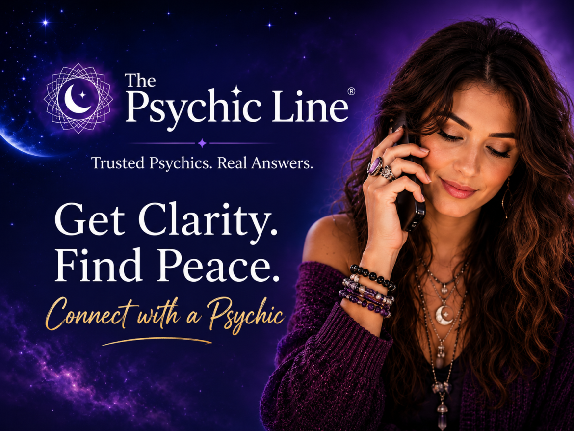 Woman speaking with a psychic by phone with The Psychic Line branding and the words “Get Clarity. Find Peace.”