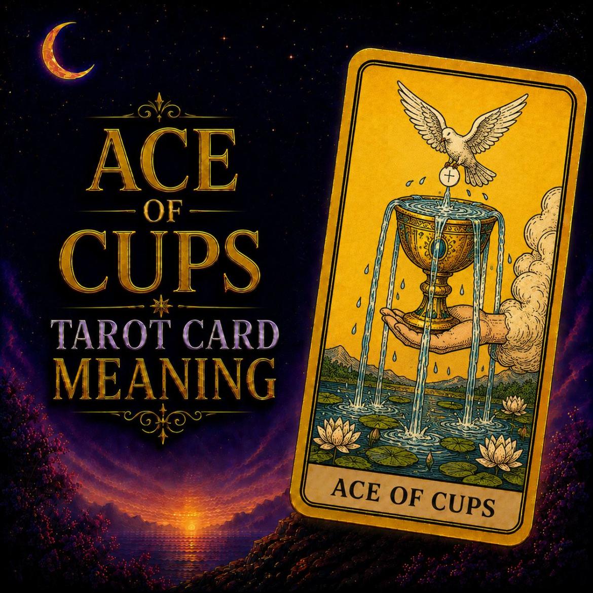 The Ace of Cups tarot card, showing a hand offering an overflowing chalice beneath a descending white dove, against a deep purple night sky.