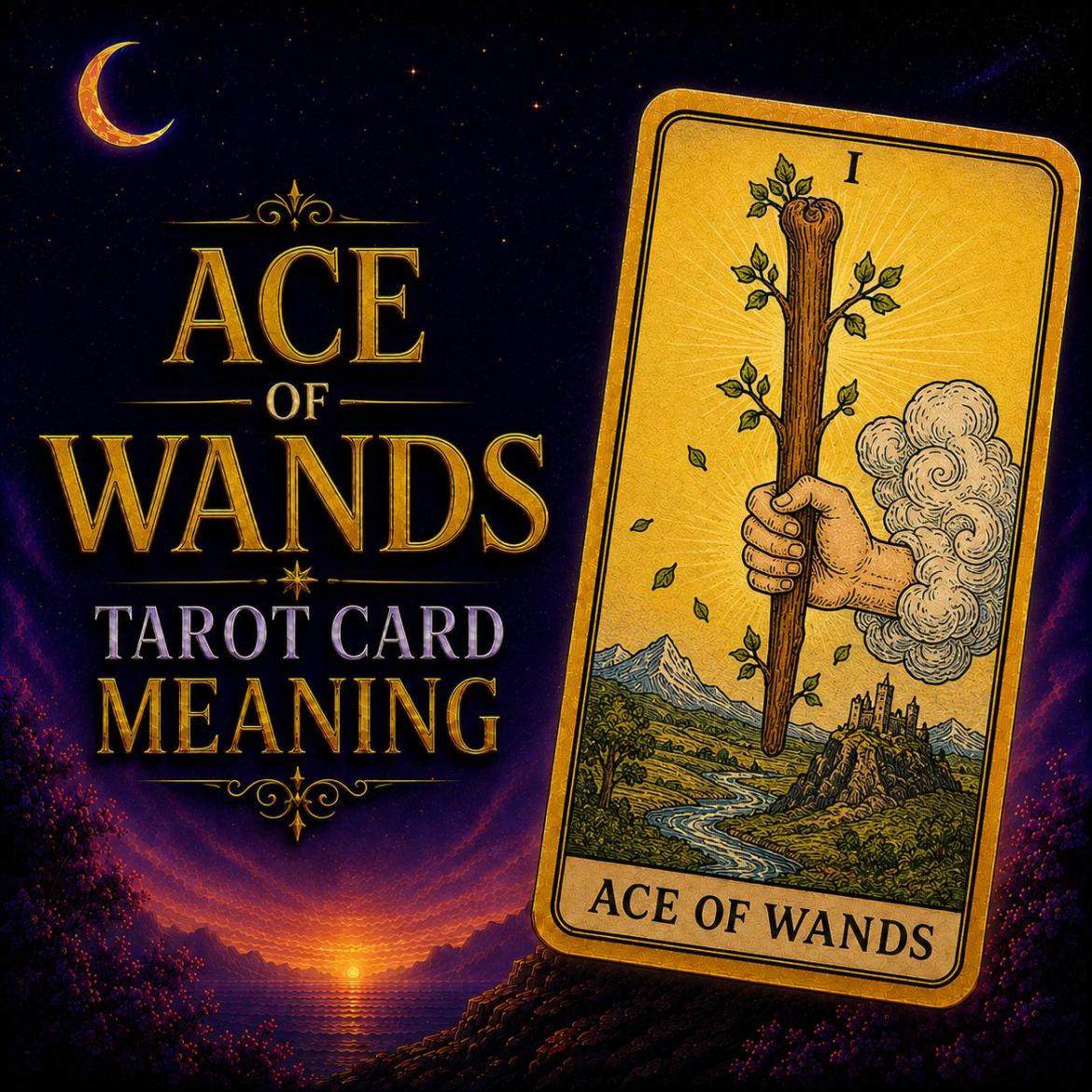 The Ace of Wands tarot card, showing a hand emerging from a cloud holding a sprouting wand, against a deep purple night sky.