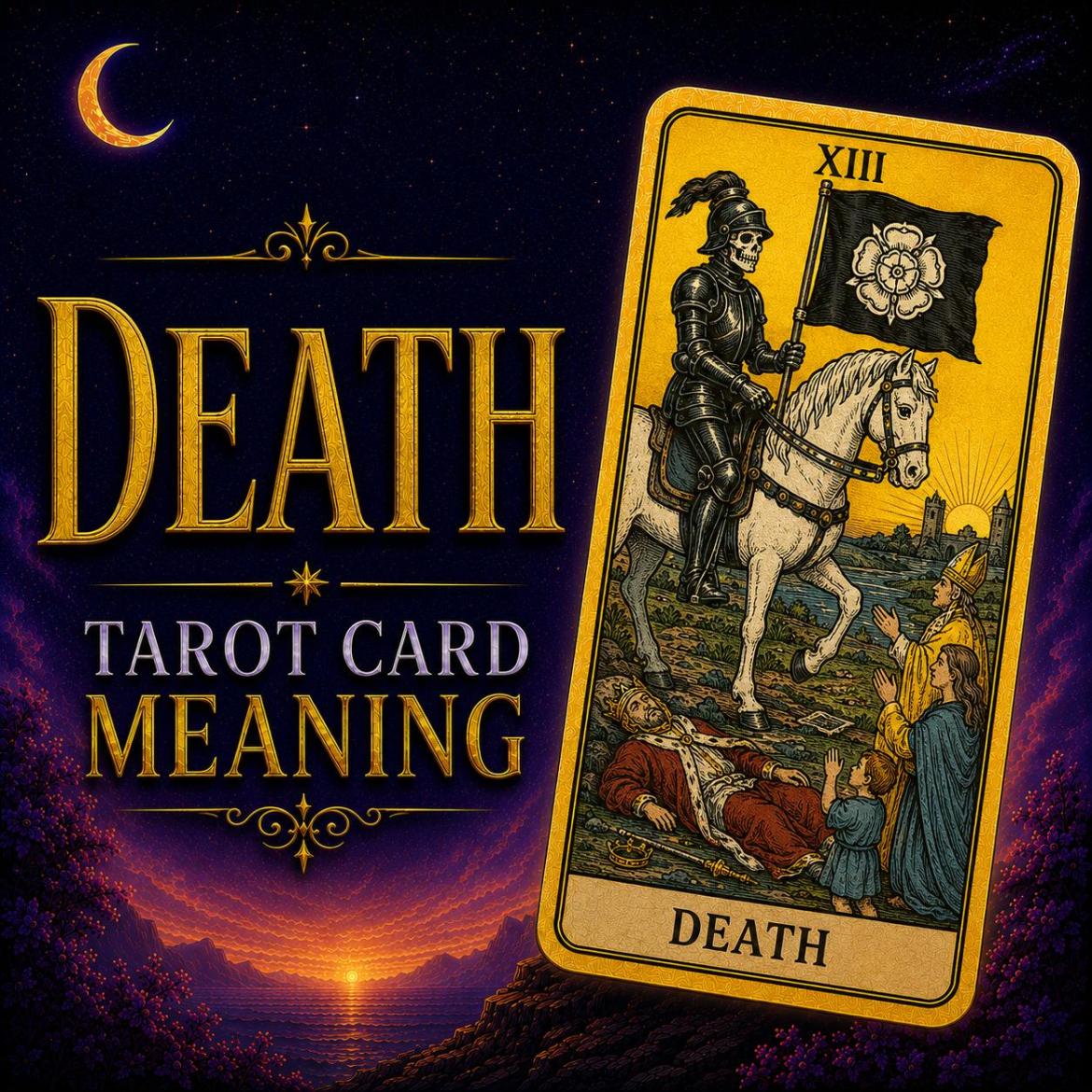 The Death tarot card, showing an armoured rider on a white horse carrying a black banner, against a deep purple night sky.