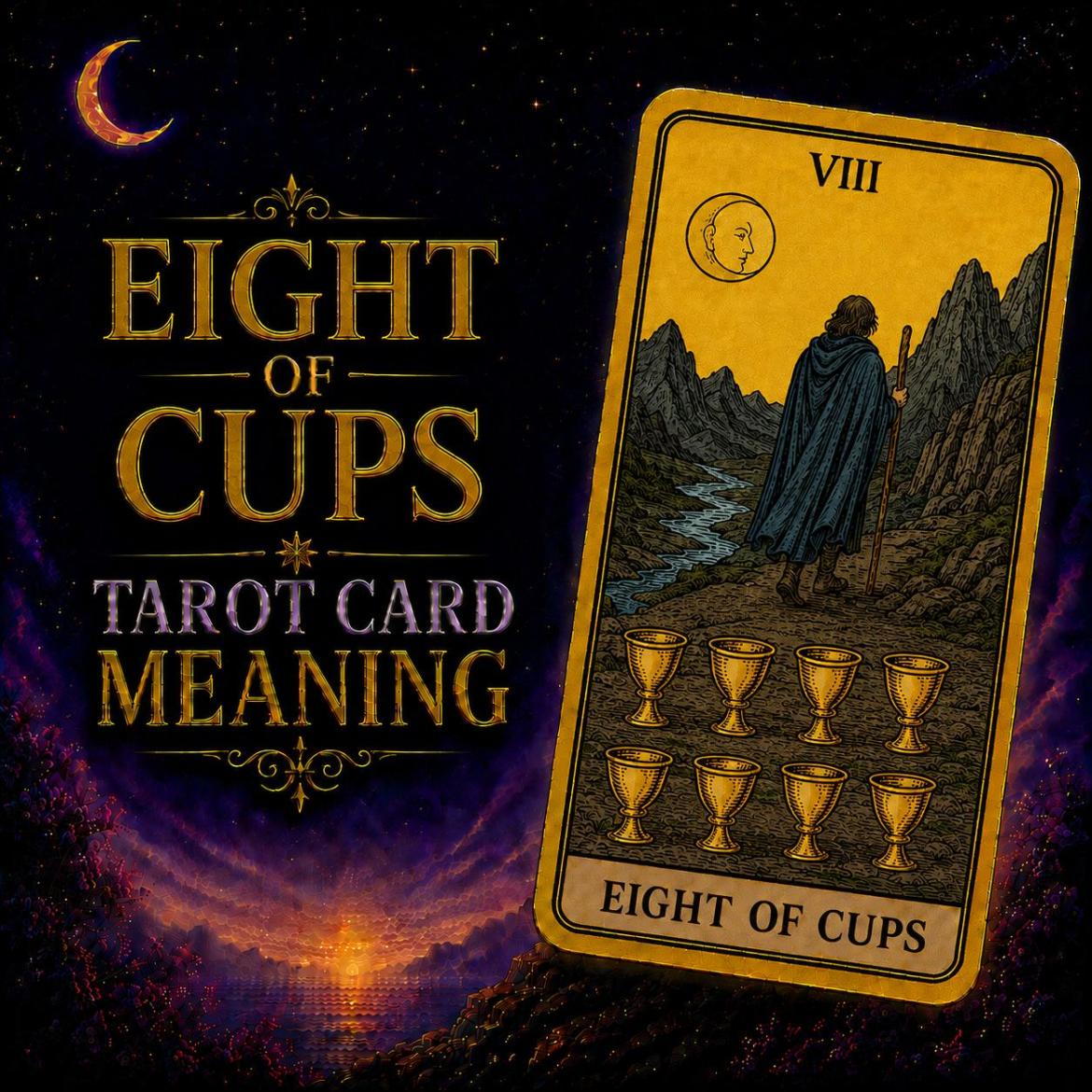 Eight of Cups tarot card meaning: a cloaked traveler walks away toward the mountains under a moon, leaving eight cups behind.