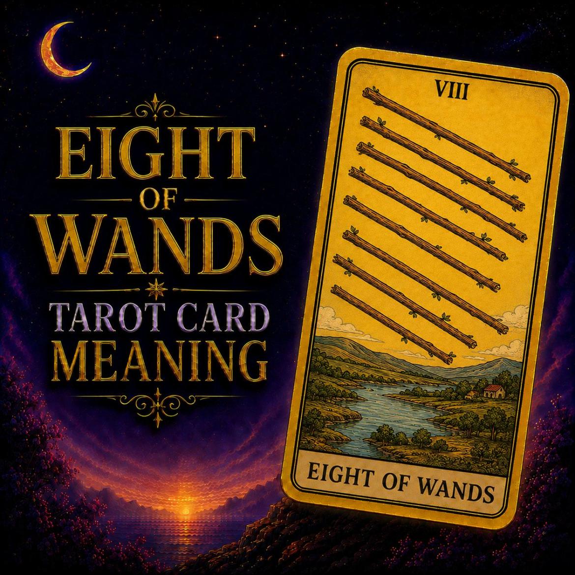 The Eight of Wands tarot card, showing eight wands flying in parallel through open sky above a landscape, against a deep purple night sky.