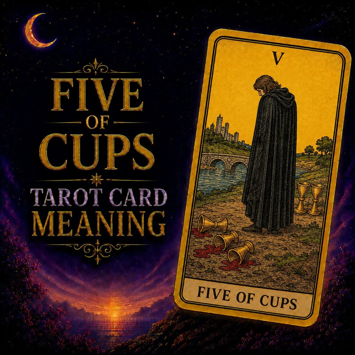 Five of Cups tarot card meaning: a cloaked figure looks down at three spilled cups while two still stand behind.