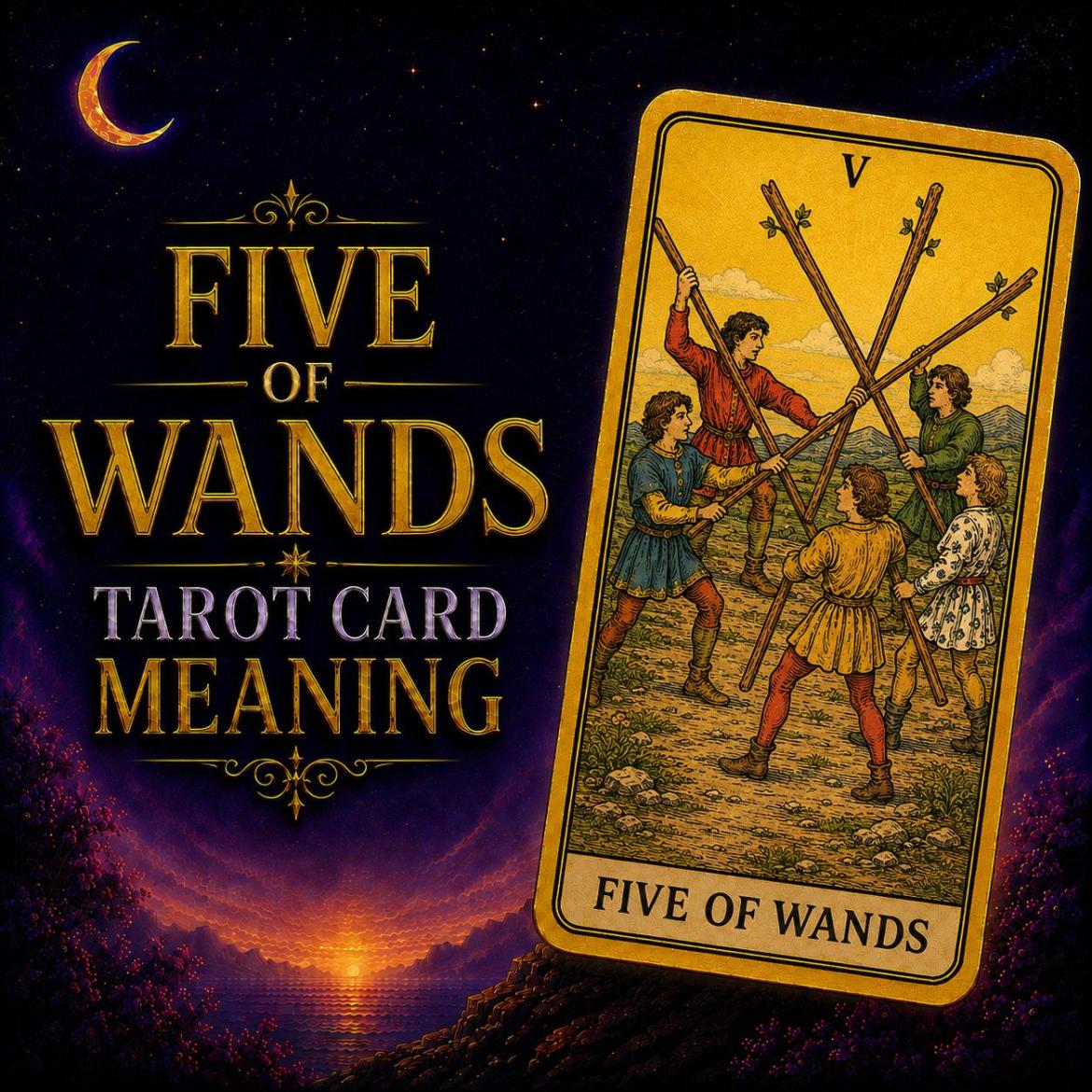 The Five of Wands tarot card, showing five young figures raising wands in a scattered contest, against a deep purple night sky.