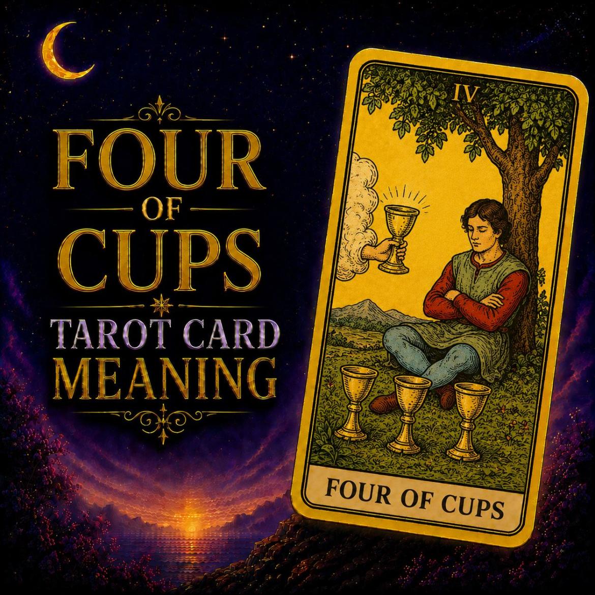 Four of Cups tarot card meaning: a seated figure under a tree ignores three cups while a fourth is offered from a cloud.