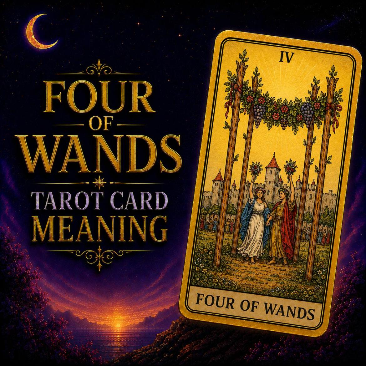 The Four of Wands tarot card, showing a flower garland strung between four wands with figures celebrating beyond, against a deep purple night sky.