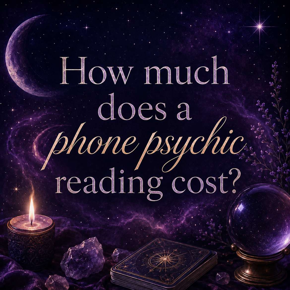 How much does a phone psychic reading cost? Mystical graphic with tarot cards, crystal ball, candle, and celestial purple background.