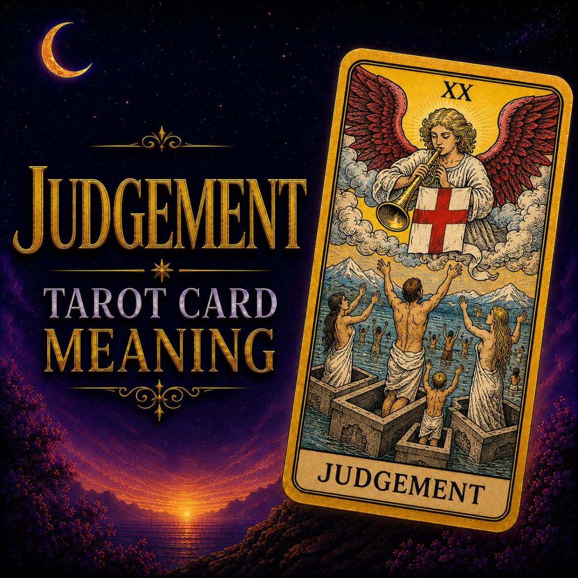 The Judgement tarot card, showing a winged figure sounding a trumpet above figures rising with arms raised, against a deep purple night sky.