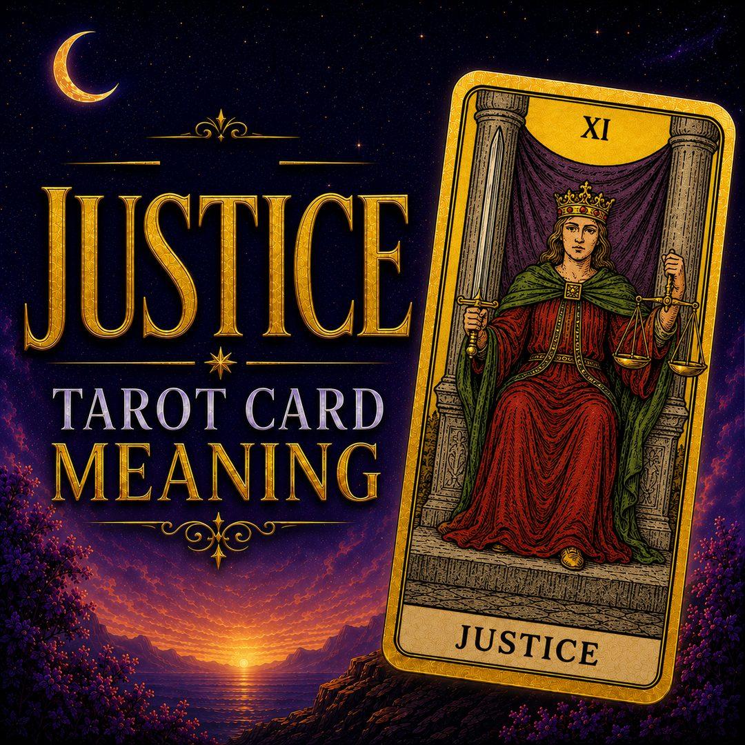 The Justice tarot card, showing a seated figure between two pillars holding an upright sword and balanced scales, against a deep purple night sky.