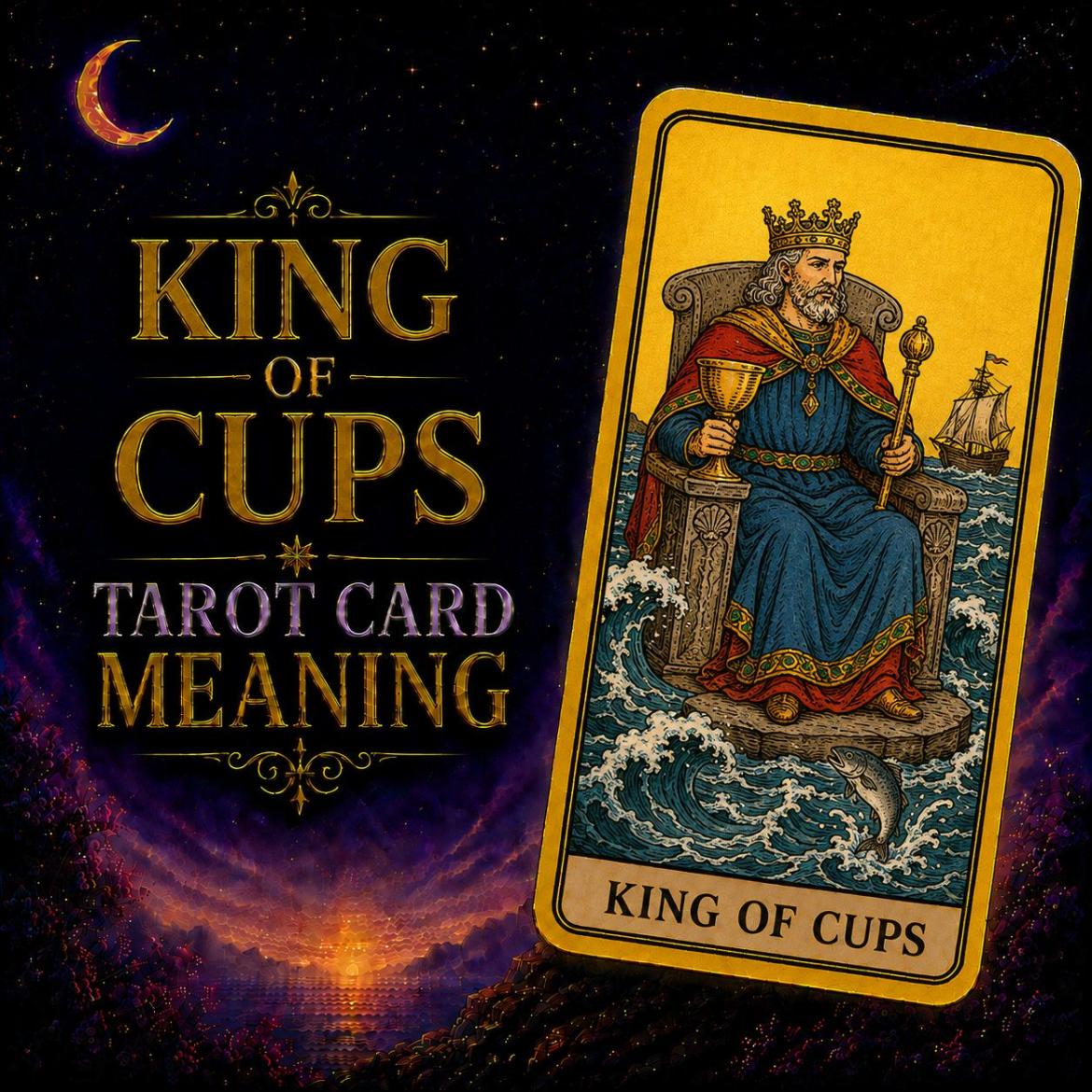 King of Cups tarot card meaning: a crowned king holds a cup and scepter on a throne afloat on rough sea, ship and fish nearby.