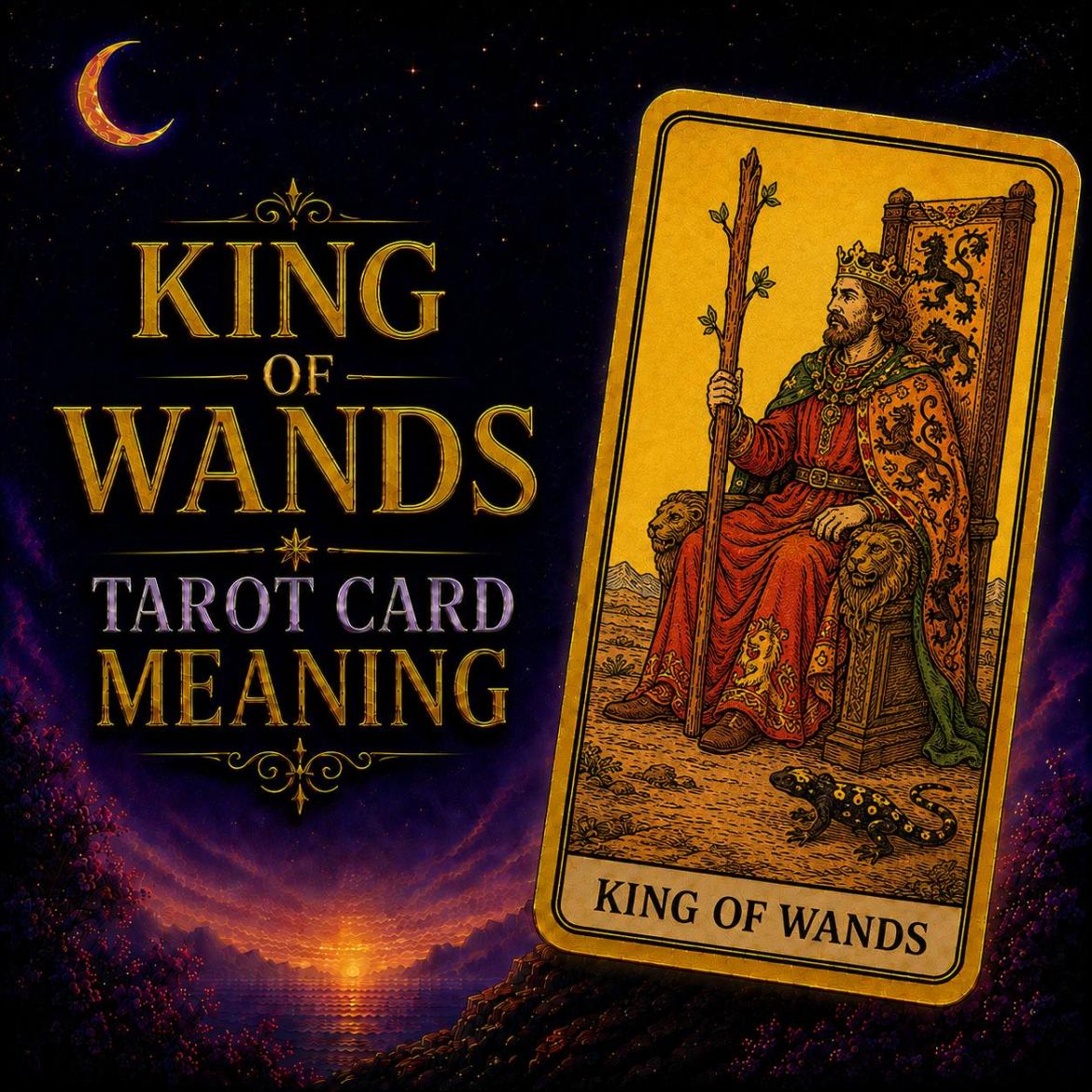 The King of Wands tarot card, showing a crowned figure on a throne decorated with lions and salamanders, holding a sprouting wand, against a deep purple night sky.