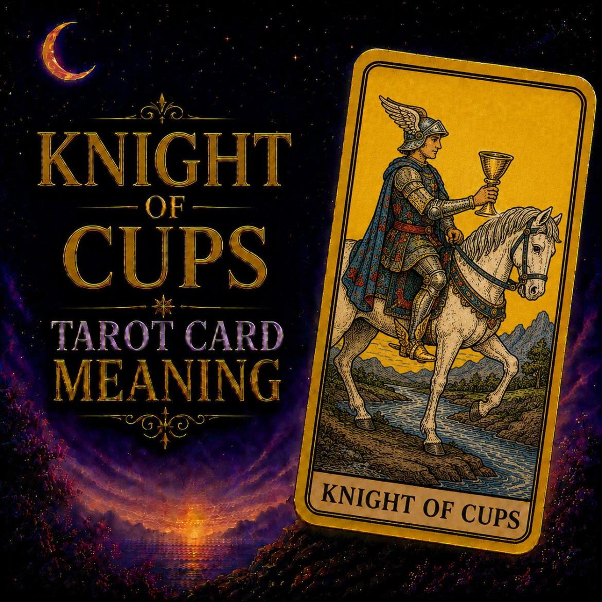 Knight of Cups tarot card meaning: a knight in a winged helmet rides a white horse forward, offering a golden cup.