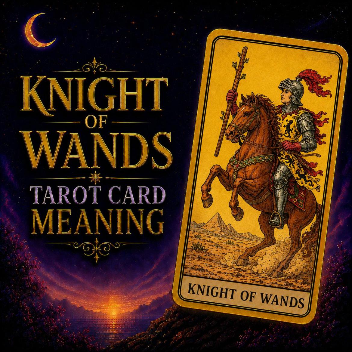 The Knight of Wands tarot card, showing an armoured rider on a rearing horse holding a sprouting wand, against a deep purple night sky.