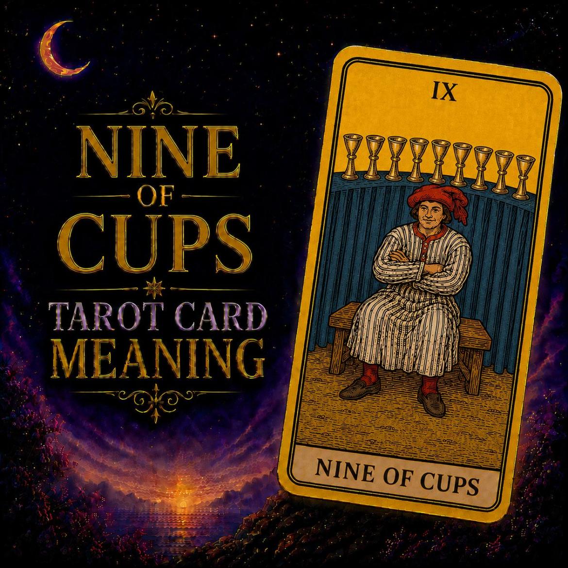 Nine of Cups tarot card meaning: a satisfied man sits with folded arms before a curved shelf holding nine gold cups.