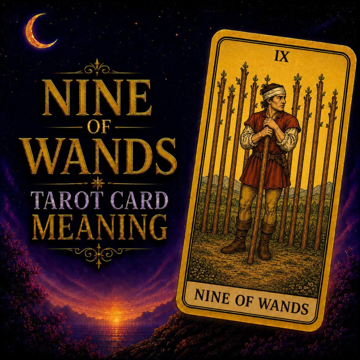 The Nine of Wands tarot card, showing a bandaged figure leaning on a wand with eight more standing behind, against a deep purple night sky.