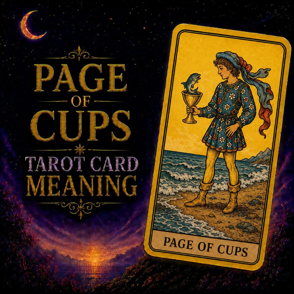 Page of Cups tarot card meaning: a young figure in a flowered tunic holds a cup with a fish rising from it, sea behind.