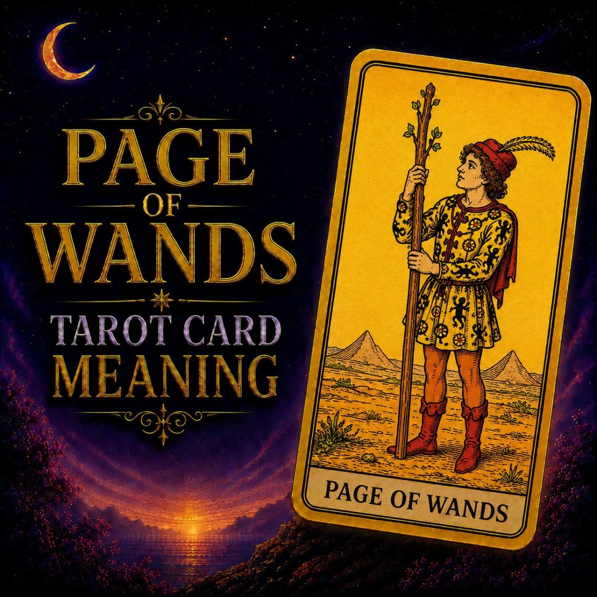 The Page of Wands tarot card, showing a young figure in a patterned tunic holding a sprouting wand and looking upward, against a deep purple night sky.