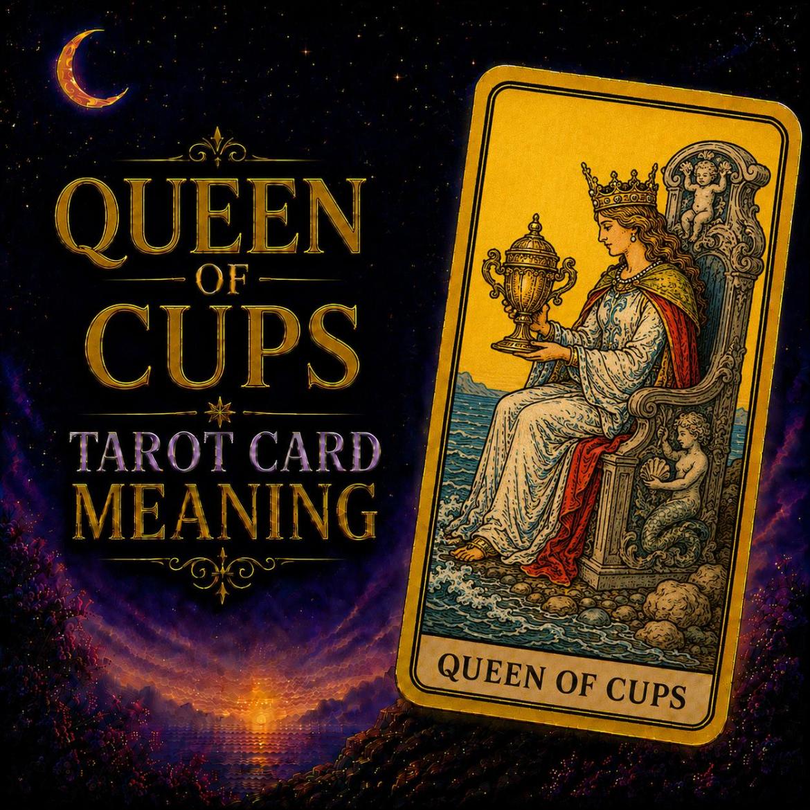 Queen of Cups tarot card meaning: a crowned queen on a stone throne at the shoreline gazes into an ornate lidded chalice.
