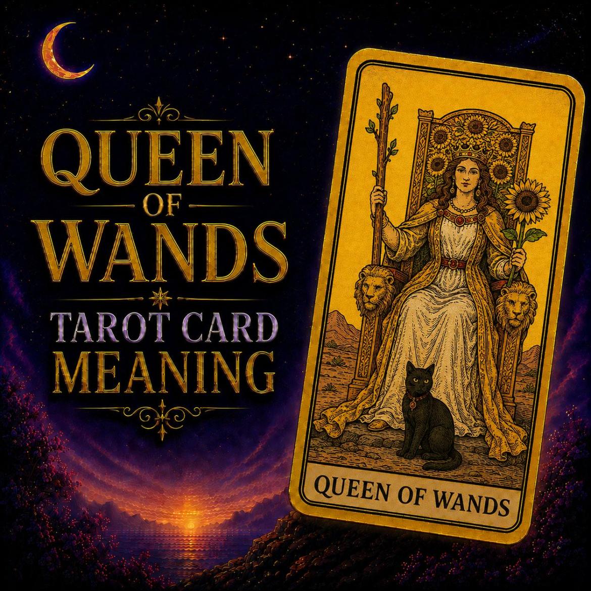 The Queen of Wands tarot card, showing a crowned figure on a throne carved with sunflowers, holding a wand, with a black cat at her feet, against a deep purple night sky.