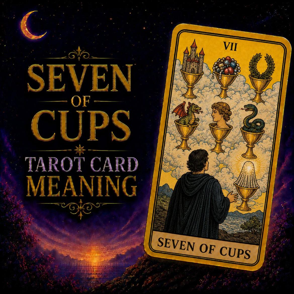 Seven of Cups tarot card meaning: a figure faces seven cups floating in cloud, each holding a different vision.