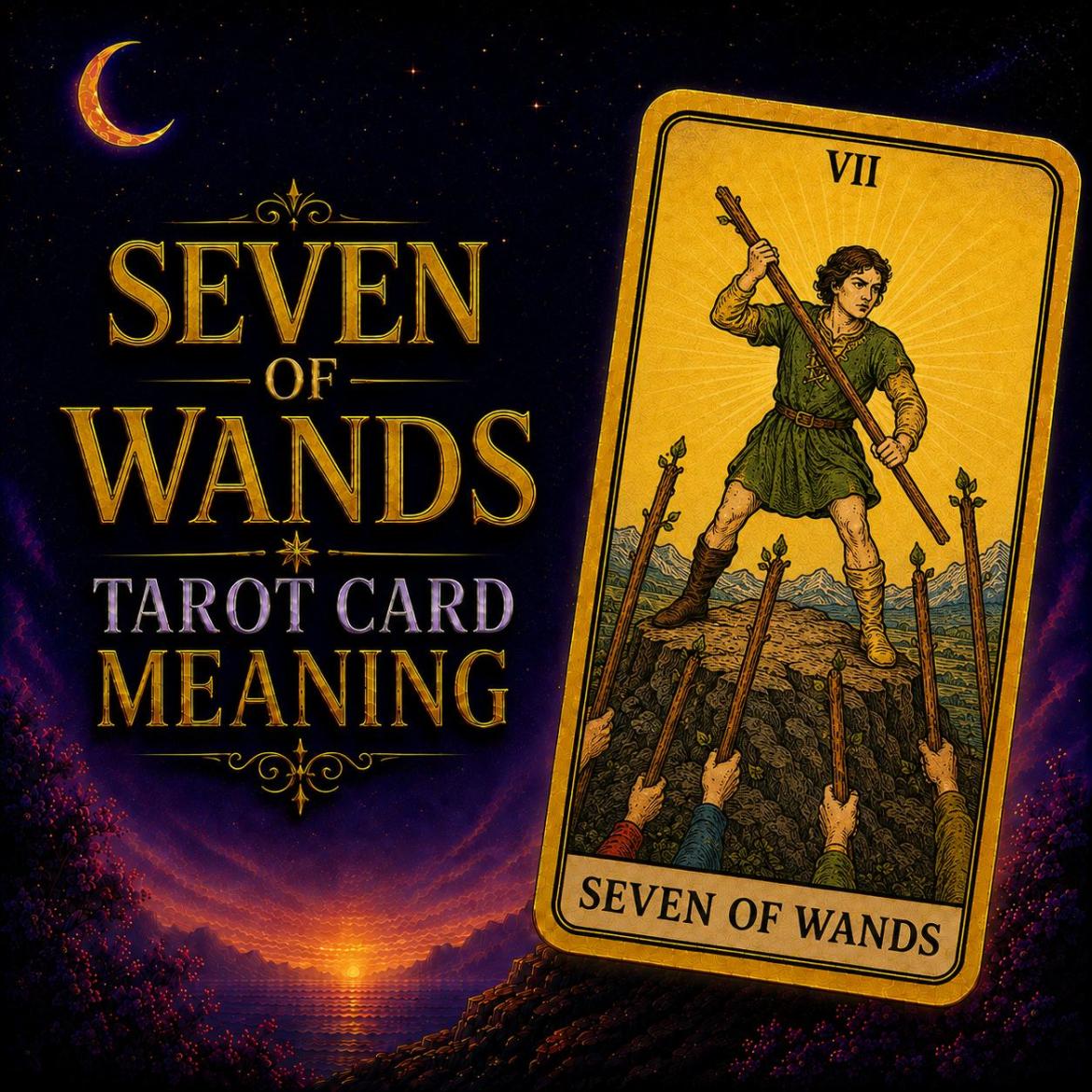 The Seven of Wands tarot card, showing a figure on high ground defending a position against six raised wands, against a deep purple night sky.