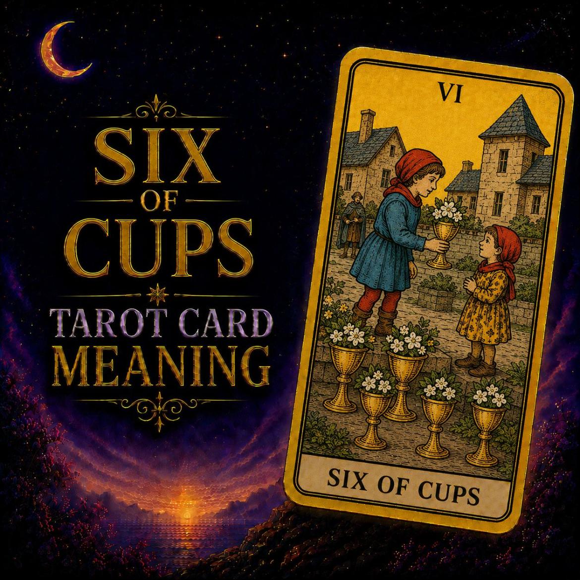 Six of Cups tarot card meaning: a child hands a cup filled with white flowers to a smaller child in an old courtyard.