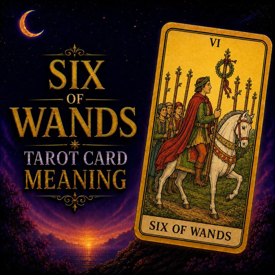 The Six of Wands tarot card, showing a rider crowned with laurel on a white horse among a crowd, against a deep purple night sky.