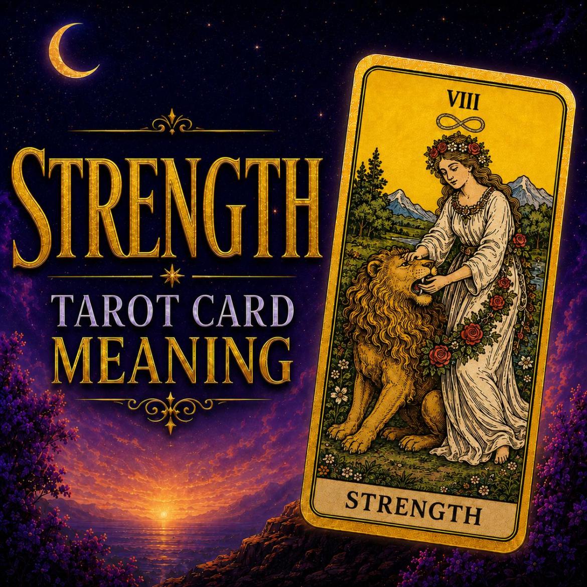 The Strength tarot card, showing a woman in a white robe calmly holding open the jaws of a lion beneath an infinity symbol, against a deep purple night sky.