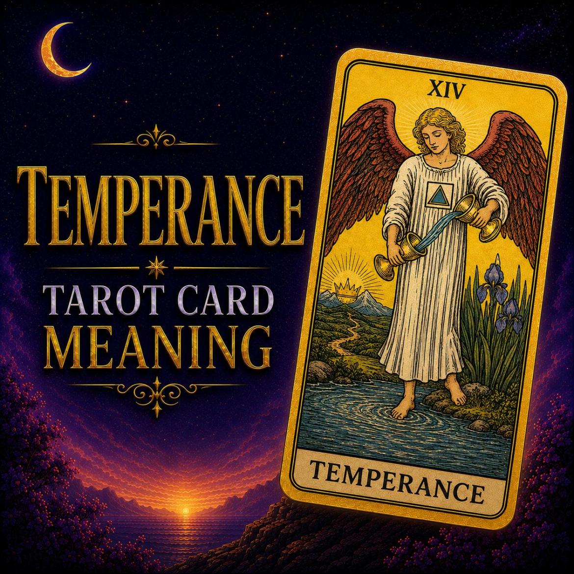 The Temperance tarot card, showing a winged figure pouring water between two cups beside a stream, against a deep purple night sky.
