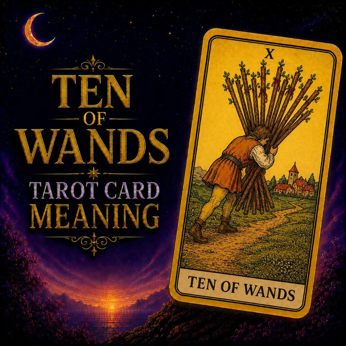 The Ten of Wands tarot card, showing a figure bent forward carrying a heavy bundle of ten wands toward a distant town, against a deep purple night sky.