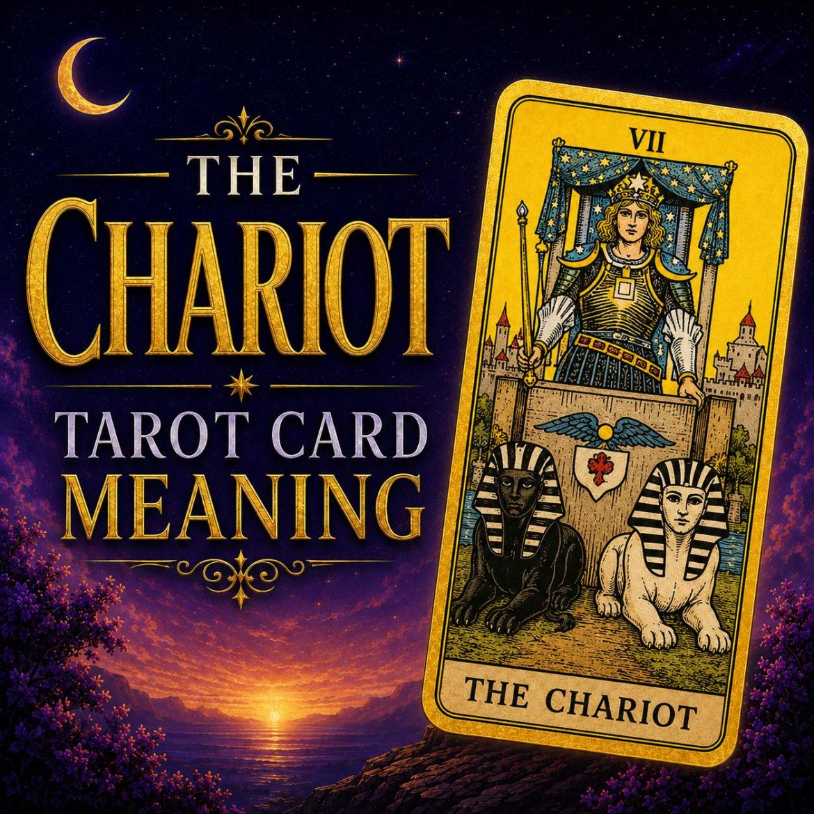 The Chariot tarot card, showing an armoured figure in a canopied chariot drawn by two sphinxes, against a deep purple night sky.