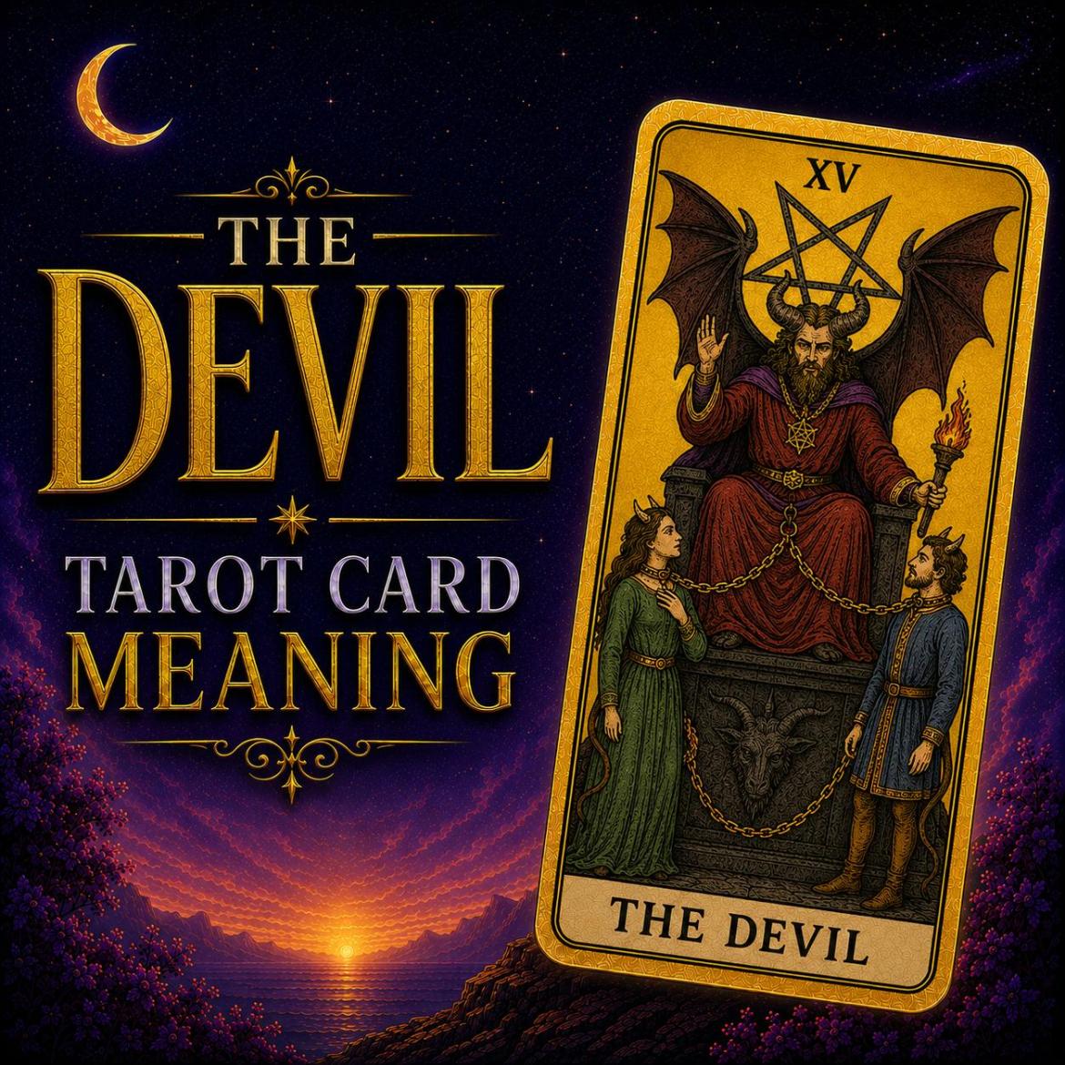 The Devil tarot card, showing a horned figure above two chained figures beneath an inverted pentagram, against a deep purple night sky.