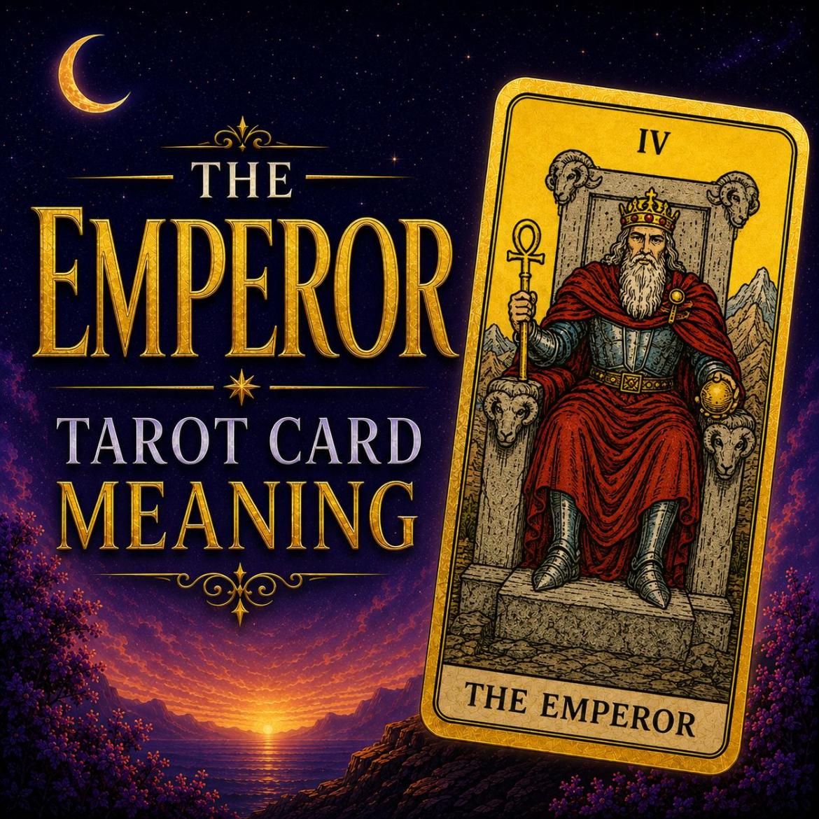 The Emperor tarot card, showing a crowned figure on a stone throne carved with ram heads, holding an ankh sceptre, against a deep purple night sky.