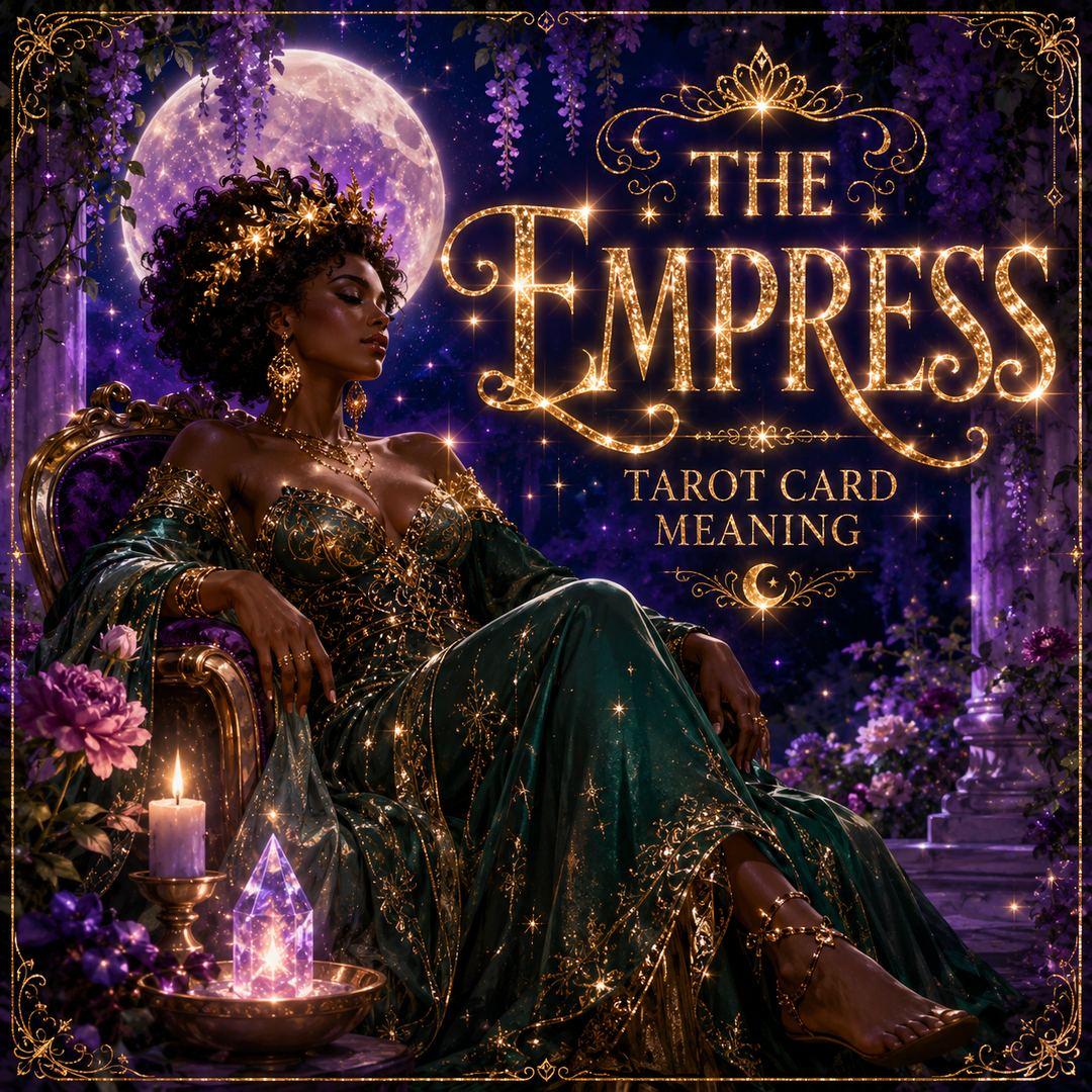 The Empress tarot card meaning, showing a figure in green and gold reclining on a throne surrounded by roses and wisteria beneath a full moon.