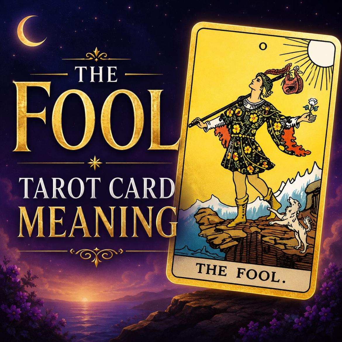 The Fool tarot card shown against a deep purple night sky with a crescent moon, above a sunset horizon and violet blossoms.