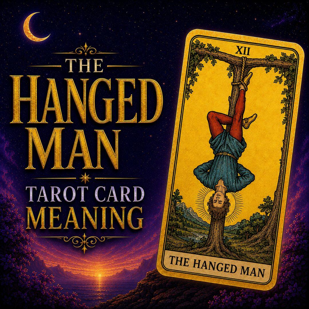The Hanged Man tarot card, showing a figure suspended upside down from a living tree with a halo of light around the head, against a deep purple night sky.