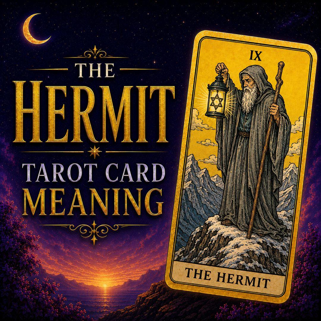 The Hermit tarot card, showing a cloaked figure on a summit holding a raised lantern and a staff, against a deep purple night sky.