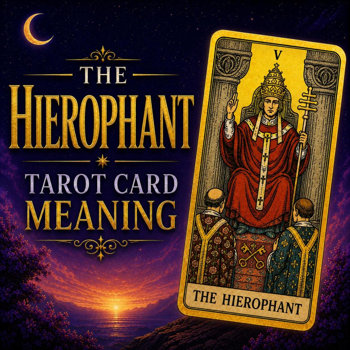 The Hierophant tarot card, showing a robed figure raising a hand in blessing above two kneeling attendants, against a deep purple night sky.