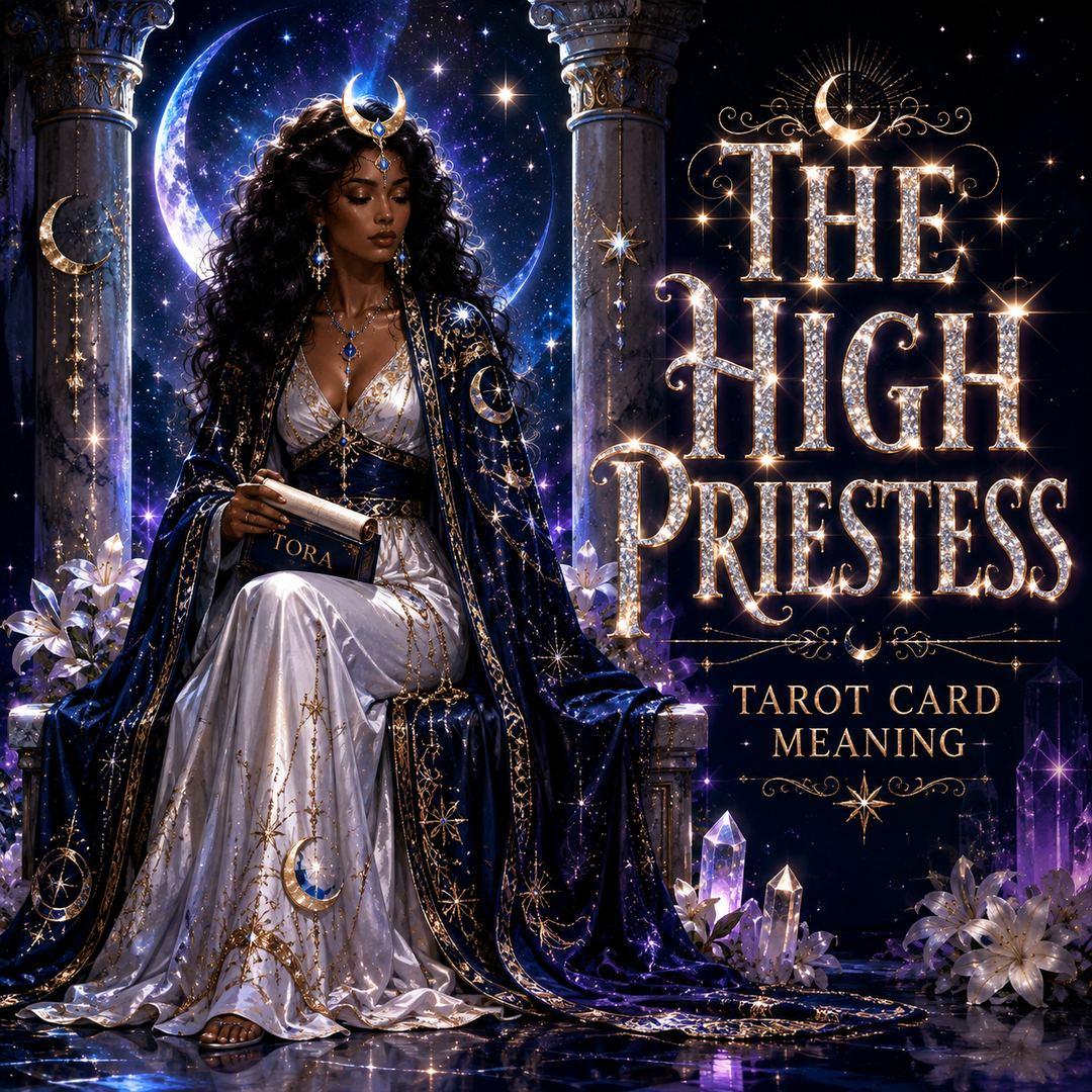 The High Priestess tarot card meaning, showing a robed figure seated between two pillars beneath a crescent moon, holding a scroll marked Tora.