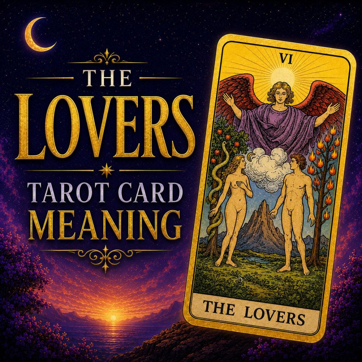 The Lovers tarot card, showing a winged figure above a man and a woman standing beneath two trees, against a deep purple night sky.