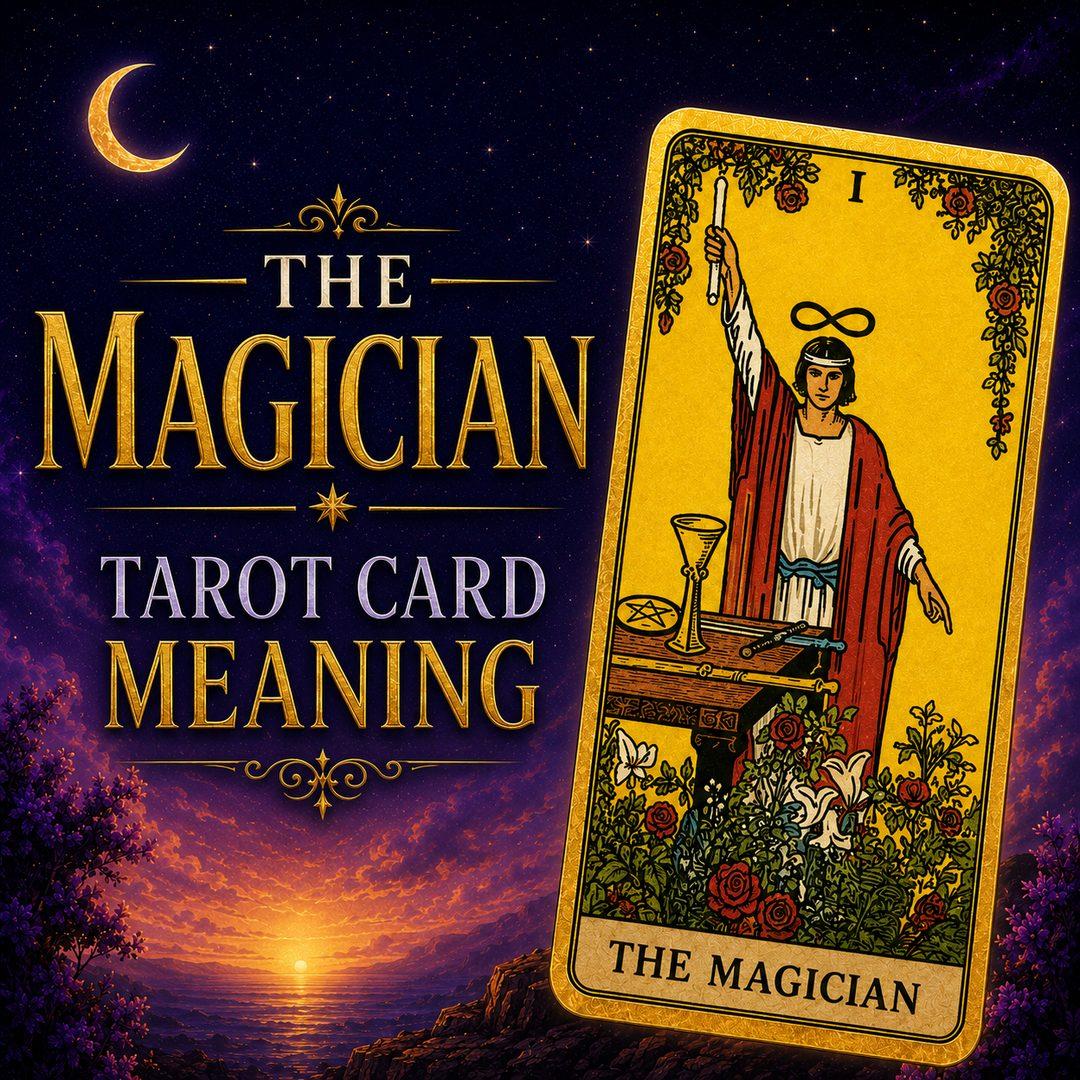 The Magician tarot card, showing a figure with one arm raised above a table set with a cup, wand, sword and pentacle, against a deep purple night sky.