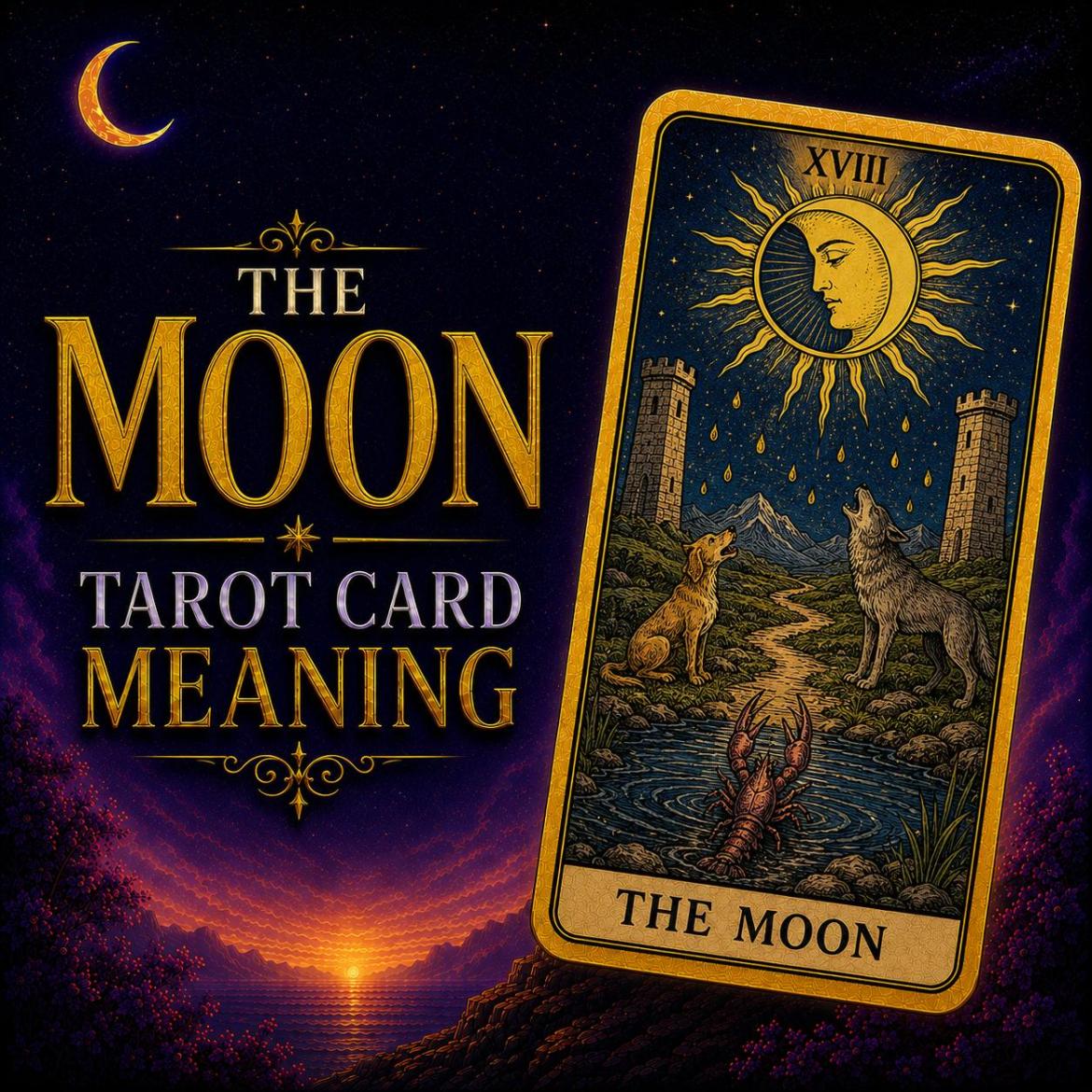 The Moon tarot card, showing a moon face above two towers with a dog and a wolf howling beside a pool, against a deep purple night sky.