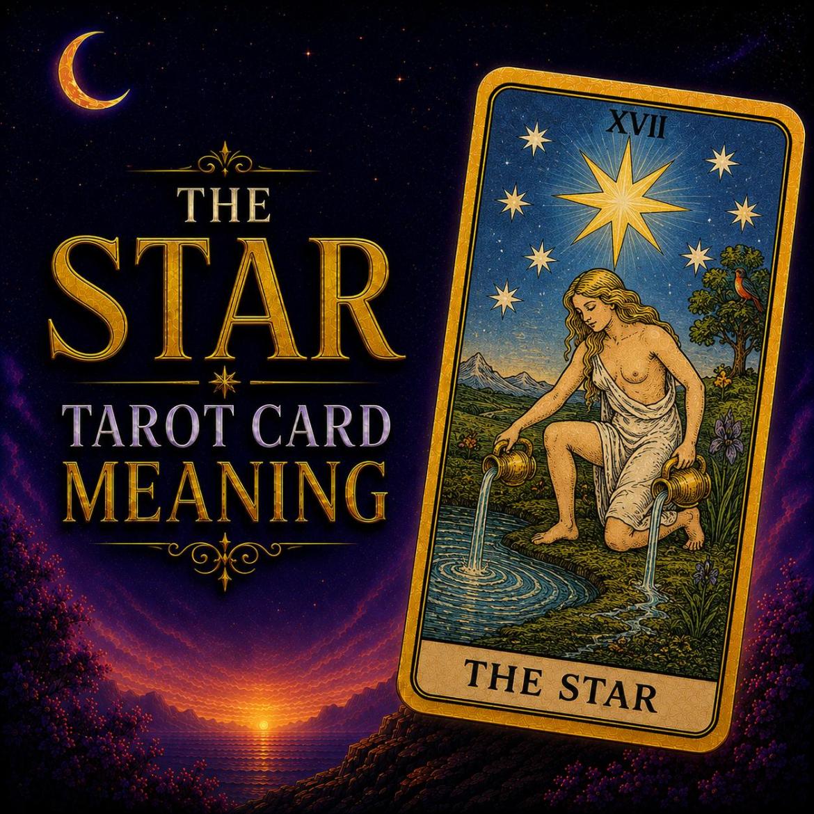 The Star tarot card, showing a kneeling figure pouring water beneath a large star and seven smaller stars, against a deep purple night sky.