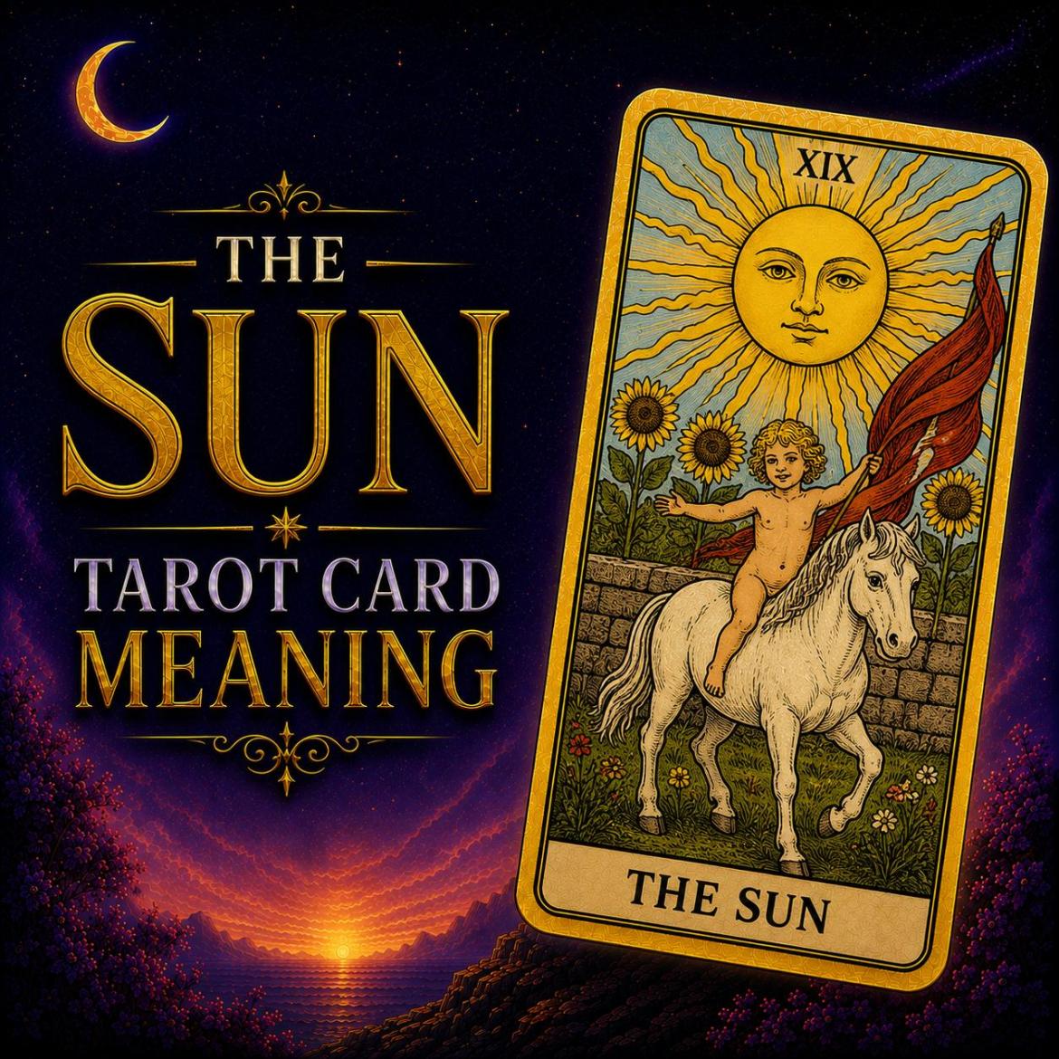 The Sun tarot card, showing a child on a white horse beneath a bright sun and a row of sunflowers, against a deep purple night sky.