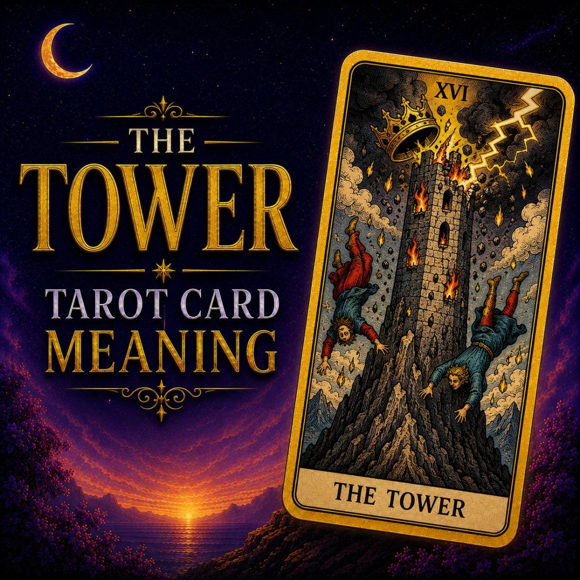 The Tower tarot card, showing lightning striking a tall tower as a crown falls and two figures drop from it, against a deep purple night sky.