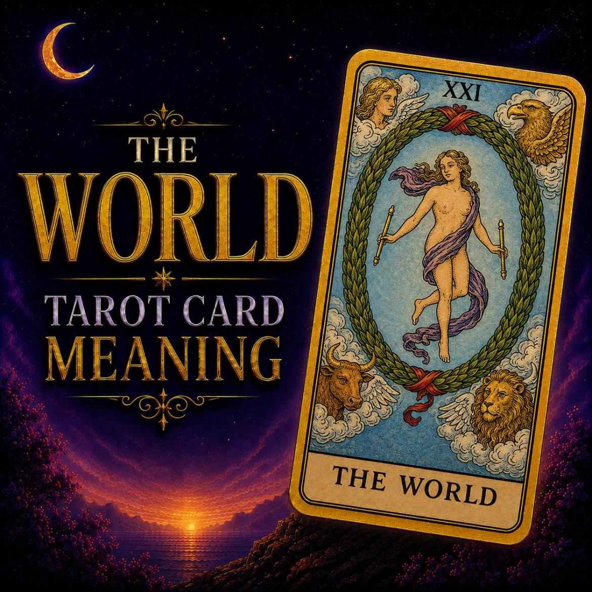 The World tarot card, showing a dancing figure within a laurel wreath surrounded by four symbolic creatures, against a deep purple night sky.