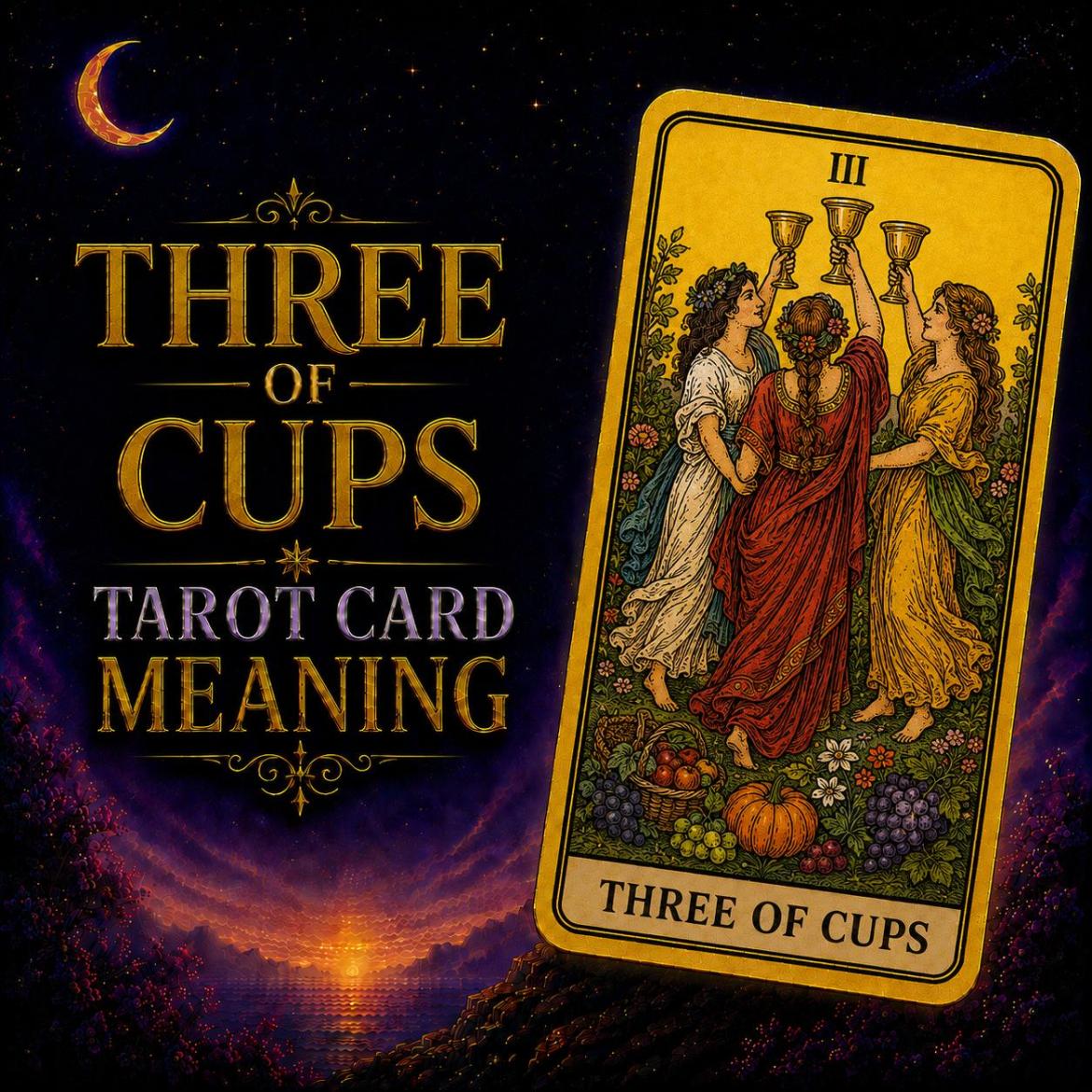 Three of Cups tarot card meaning: three women raise their cups together in celebration among fruit and flowers.